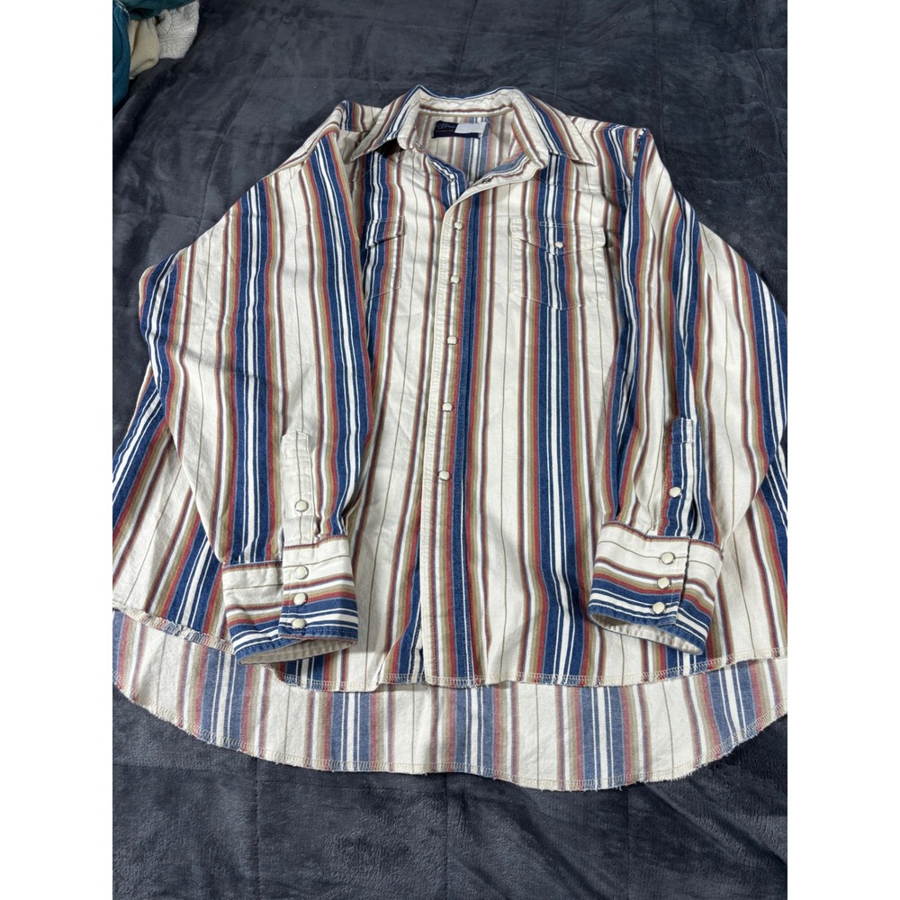 Wrangler‎ Mens Western Pearl Snap Shirt XL Long Tails Striped Blue Red Tan 5389